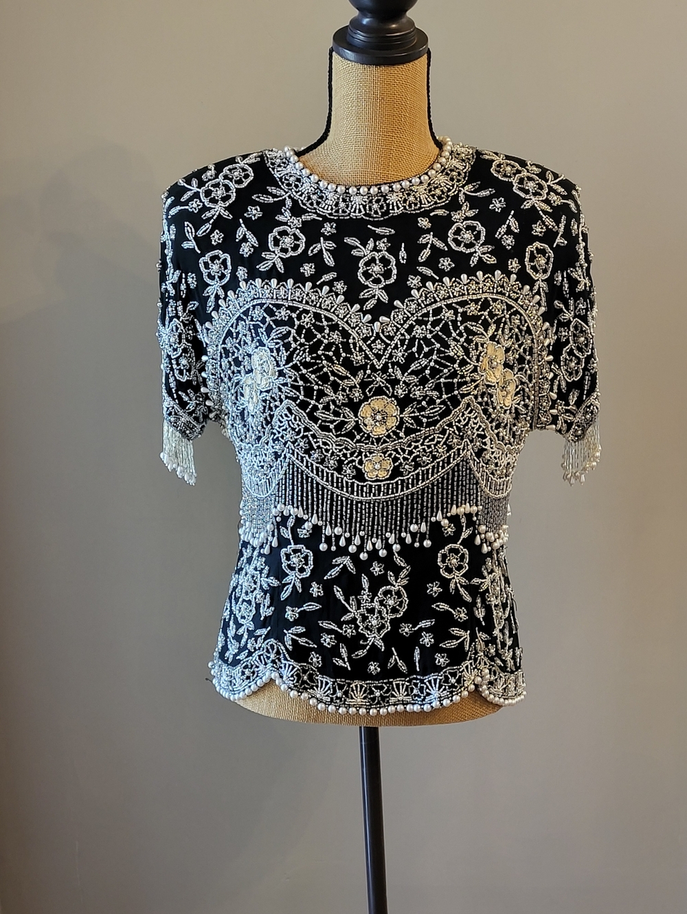 Oleg Cassini Black Tie Vintage 80s Black Silk Beaded Top Large - Picture 6 of 11